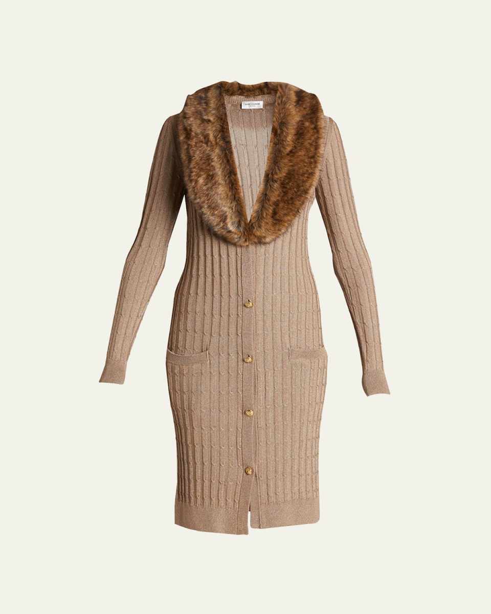 Faux Fur Trimmed Slim Cable Cardigan